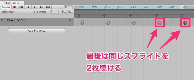 Unity2D - アニメーションクリップでは最後のスプライトを2枚続けるのがポイント